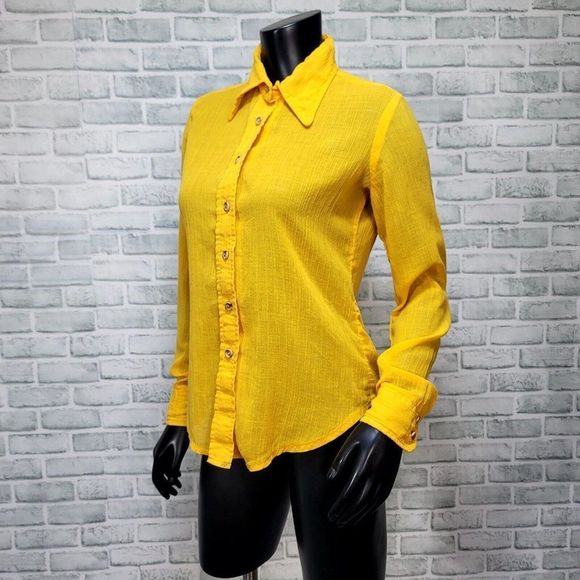 Vintage 70s Campus Casuals of Calif S Yellow Sheer Gauze Knit L/S Button Up Top - Picture 2 of 7